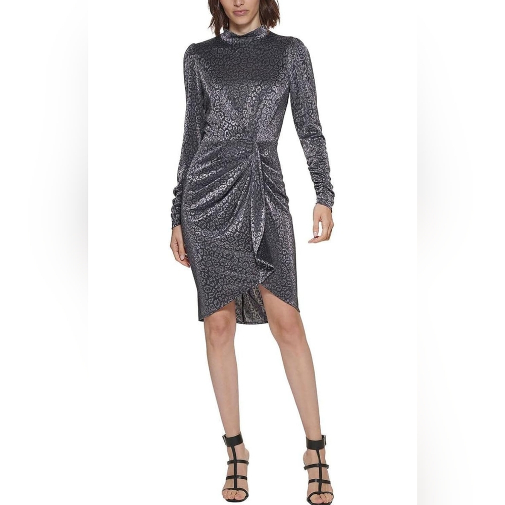Calvin Klein Gray Ruched Mock Neck Sheath Dress